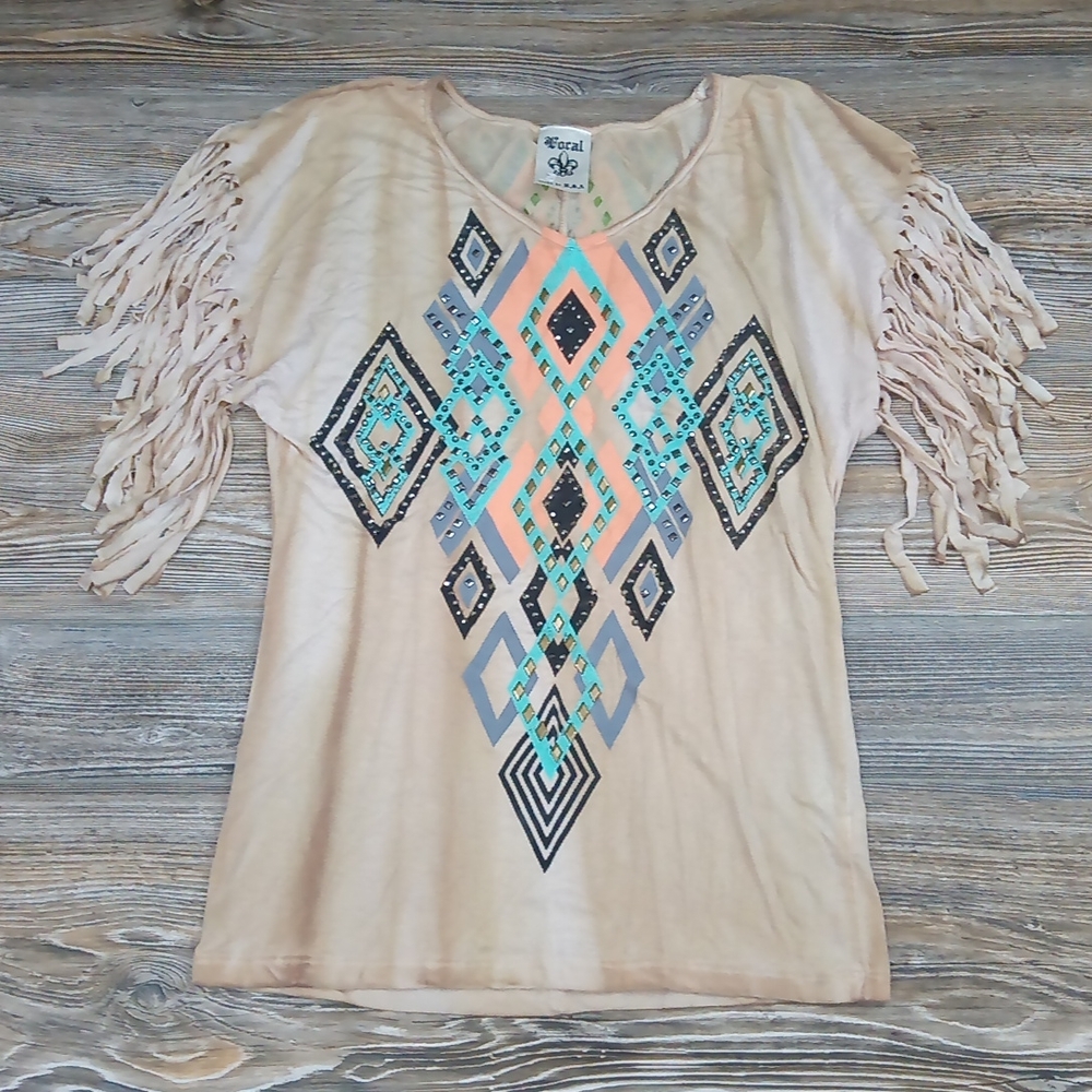 Vocal Boho Western Fringe Tie Dye Embellished Short Sleeve Top